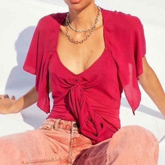 FREE People Intimately Watch Her Go Bodysuit Ruffle Tie Top in Glass Roses Red S - Picture 1 of 12